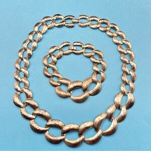 Chunky Silver Tone Textured Link Necklace & Bracelet Set